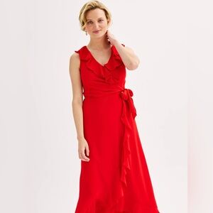 London Times Red Ruffle Wrap Maxi Dress